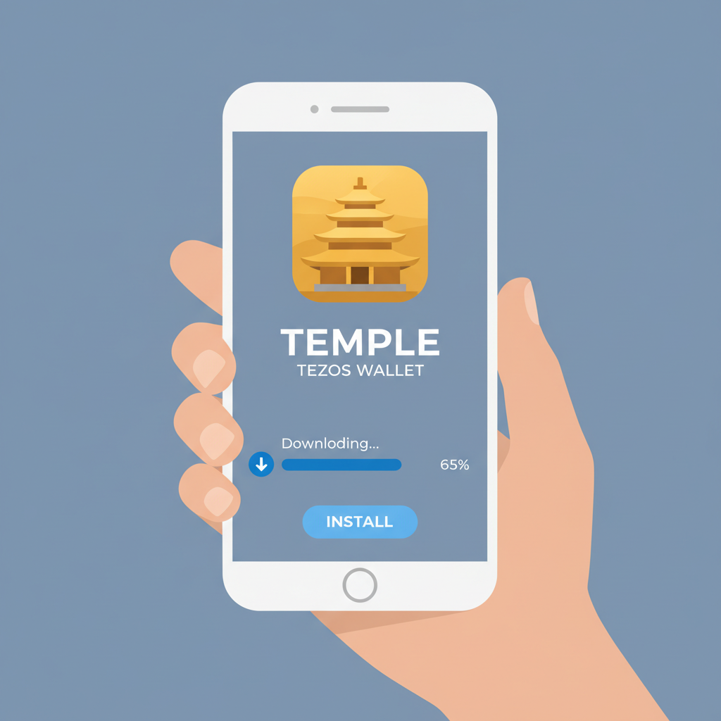 smartphone downloading Temple Tezos wallet app interface