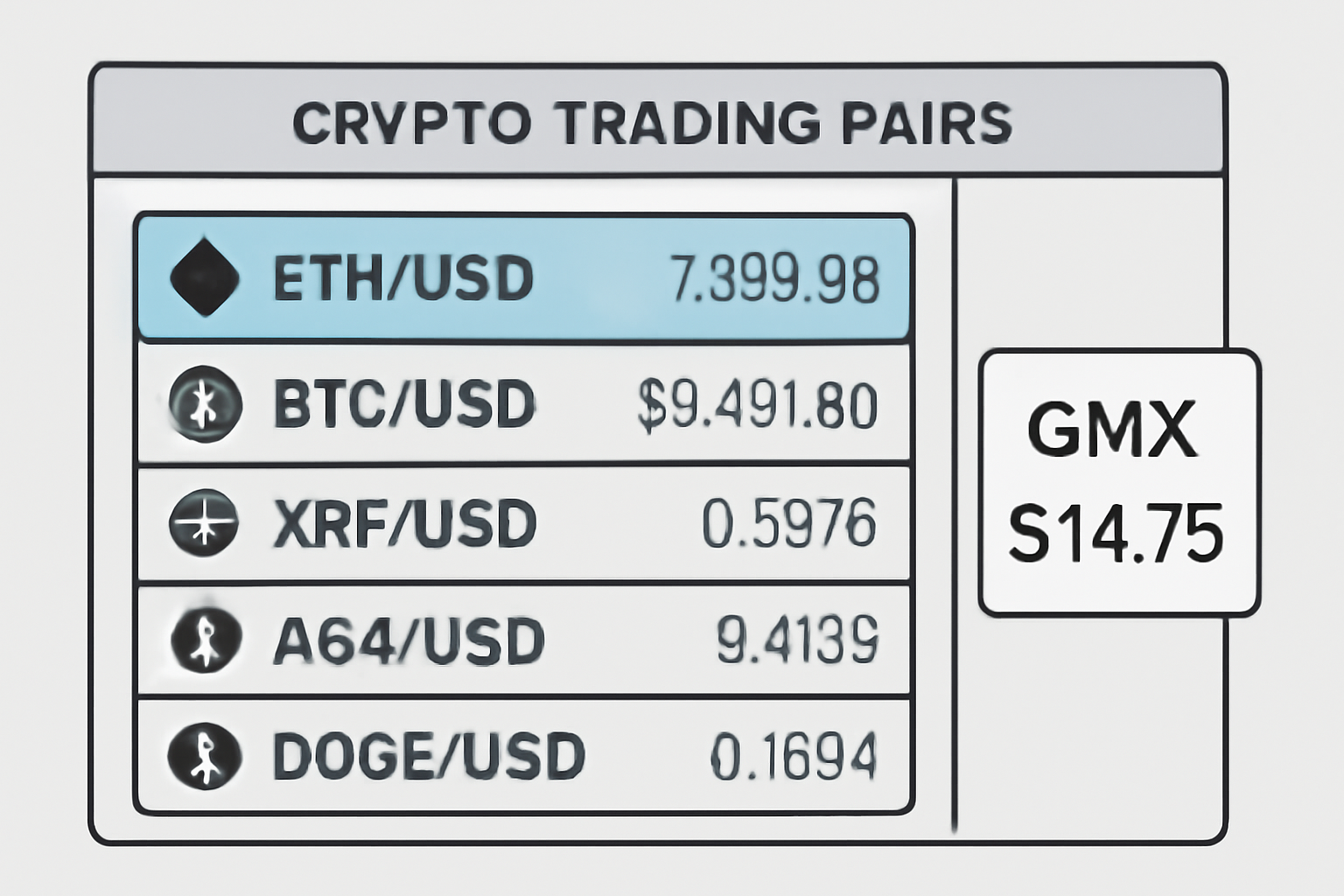 A digital dashboard displaying various crypto trading pairs, with ETH/USD and BTC/USD highlighted, and a price tag showing $14.75 for GMX.