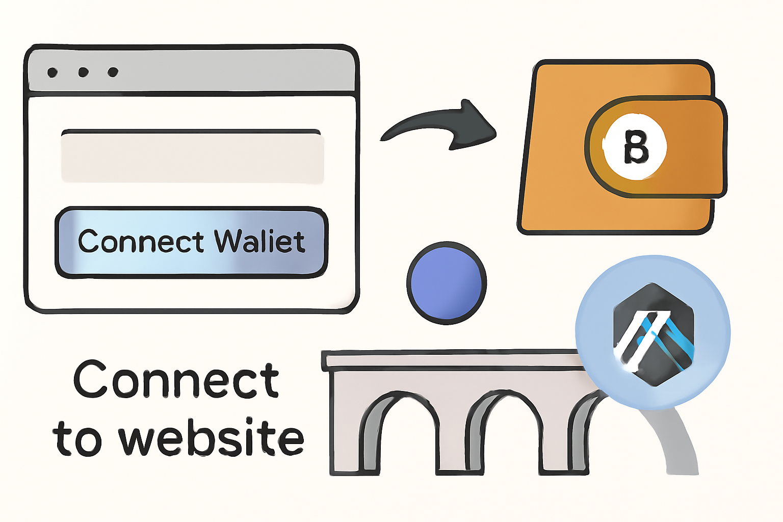 A user interface showing a crypto wallet connecting to a website, with a bridge transferring tokens onto the Arbitrum network.