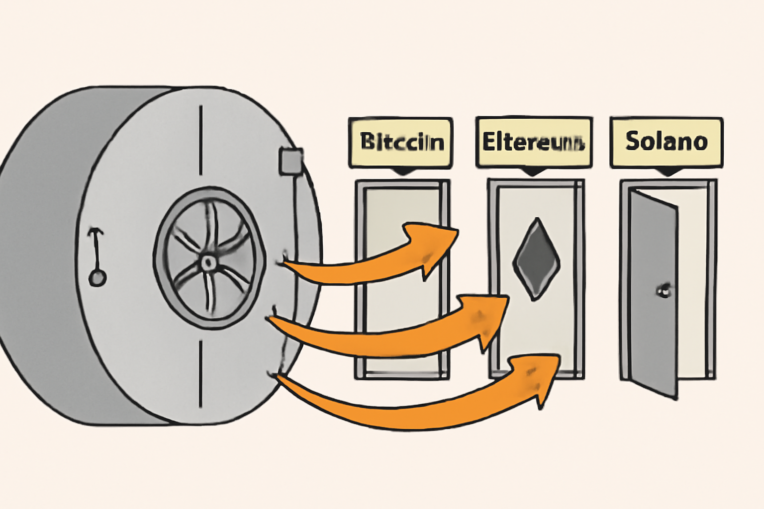 A vault with multiple doors, each leading to different crypto markets, with arrows showing liquidity being dynamically allocated.