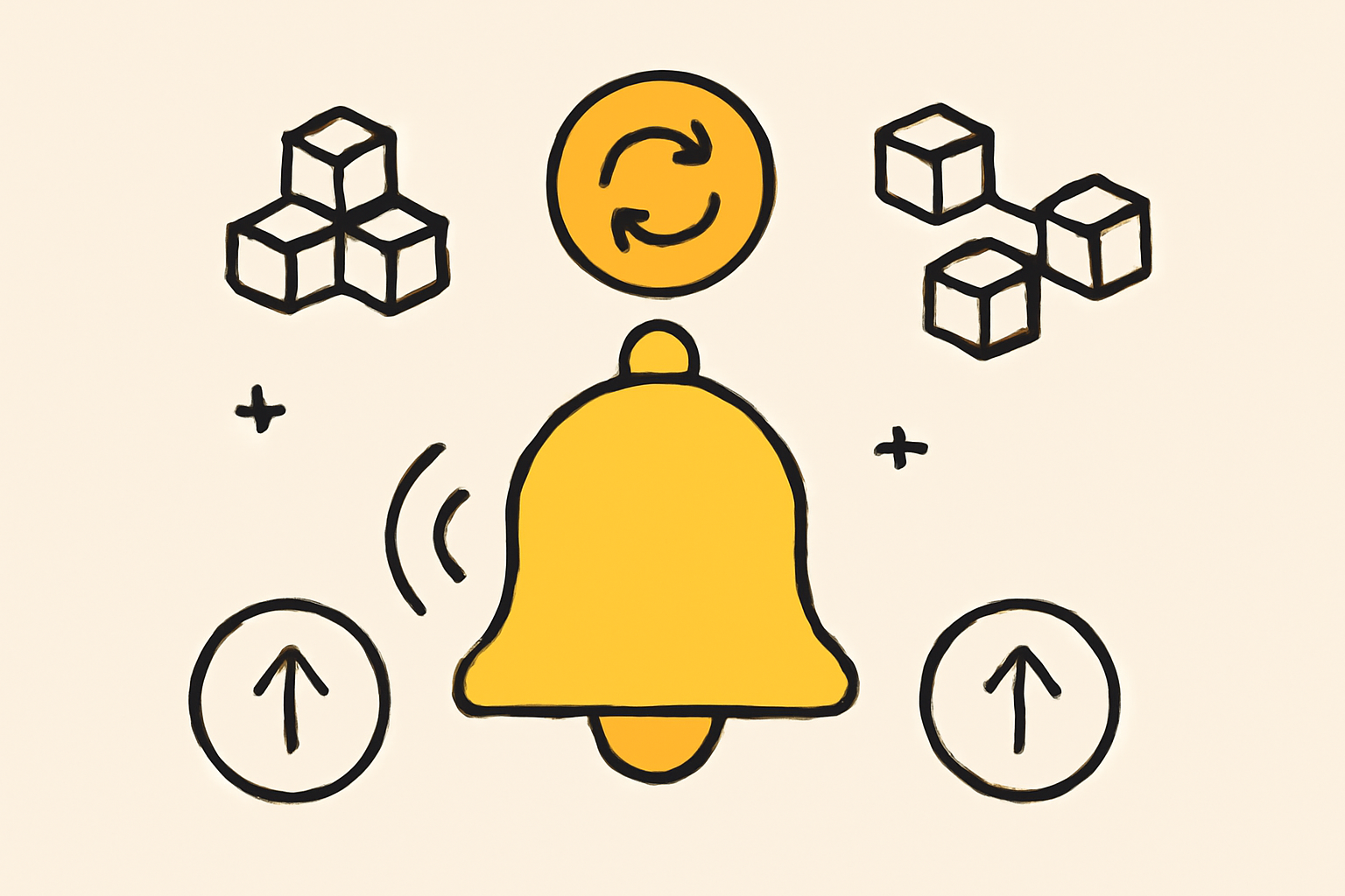 A notification bell with blockchain icons and update arrows, representing staying informed about protocol updates.