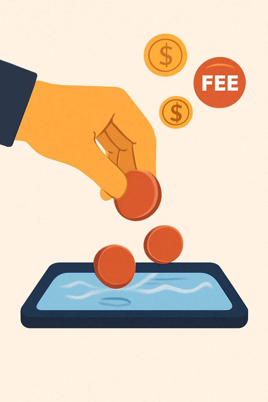 A hand depositing tokens into a digital pool, with coins and fee symbols floating above to represent earnings.