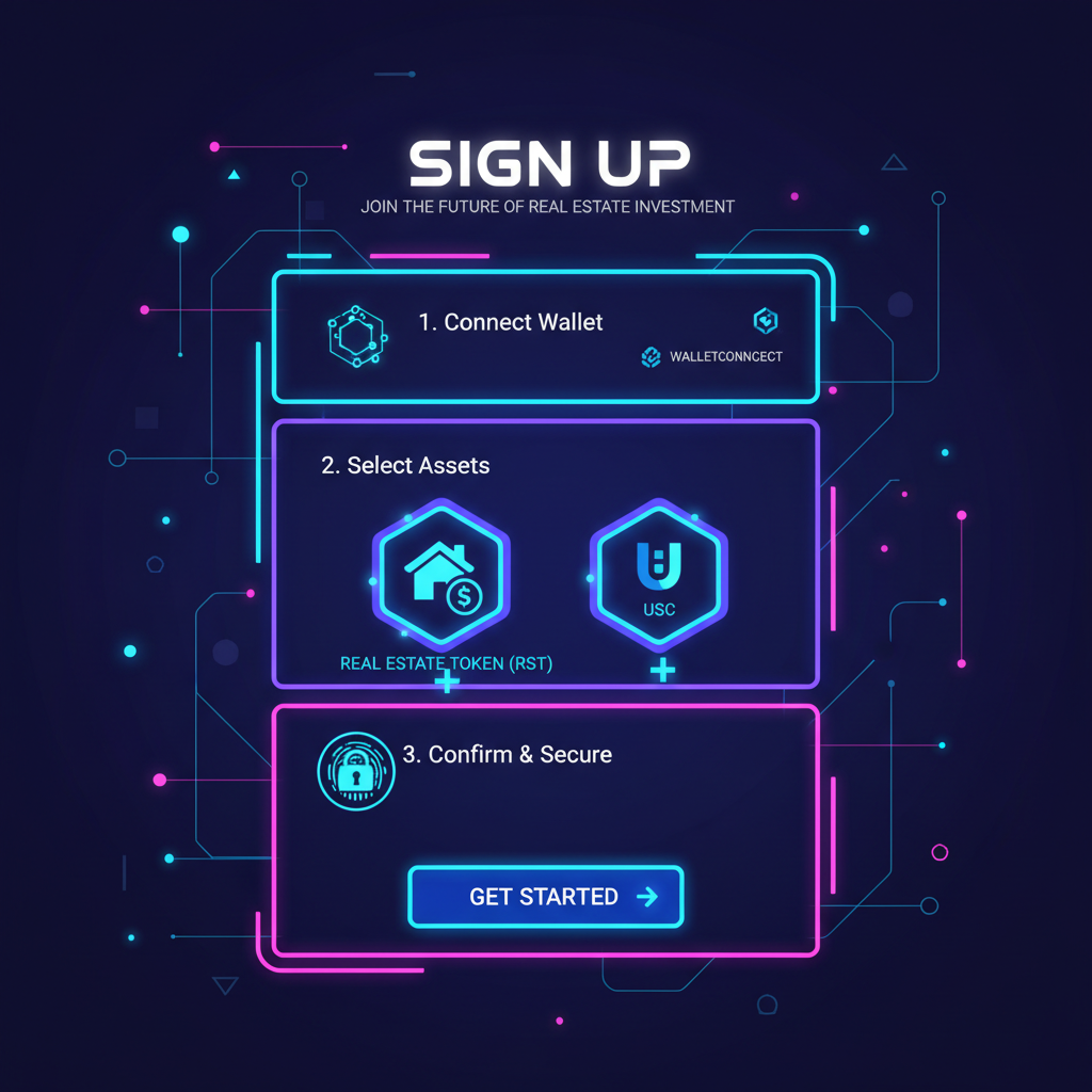 sleek blockchain platform signup dashboard with real estate tokens and USDC icons, futuristic neon glow, energetic vibe