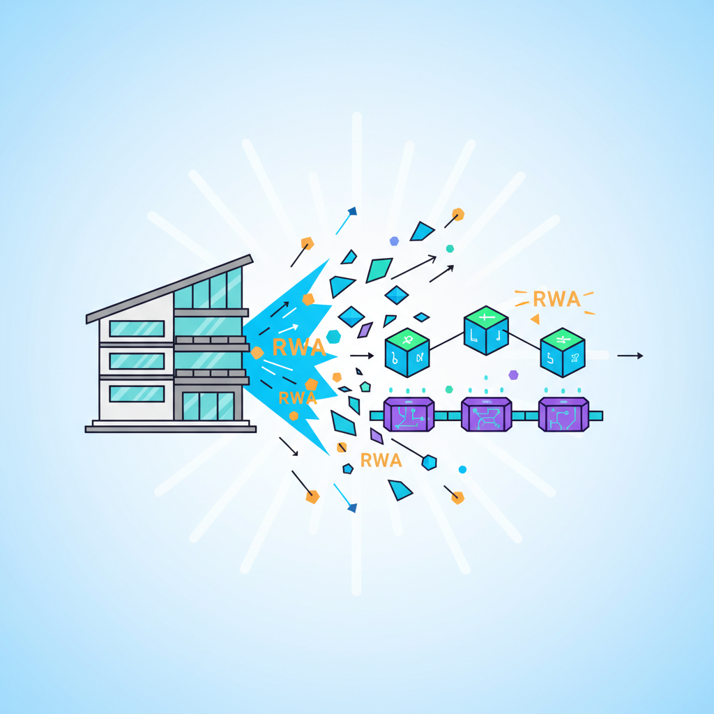real estate property transforming into digital tokens on blockchain, glowing RWA symbols, dynamic energy burst