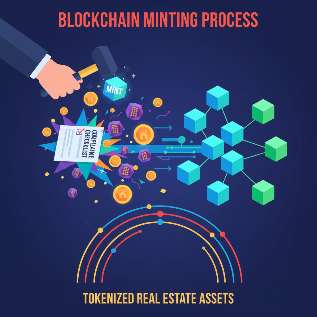 compliance checklist exploding into tokenized real estate assets, blockchain minting process, bold triumphant colors