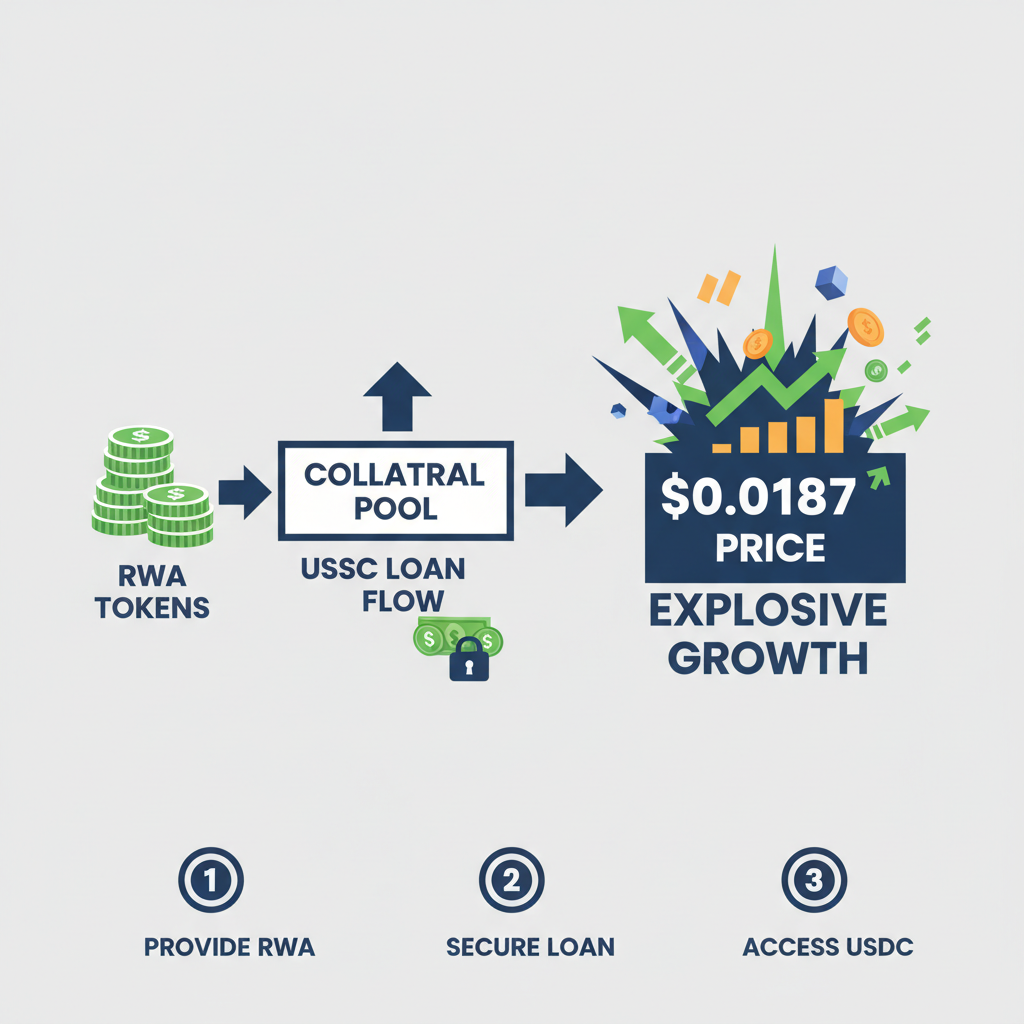 RWA tokens as collateral securing USDC loan flow, charts showing $0.0187 price, explosive finance graphics