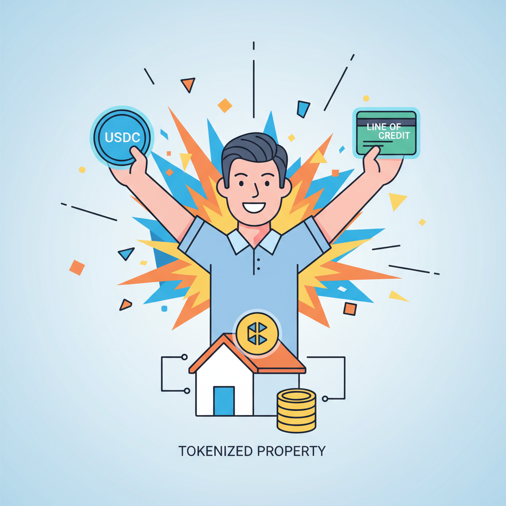 SME owner drawing USDC from line of credit backed by tokenized property, victory pose, vibrant success explosion