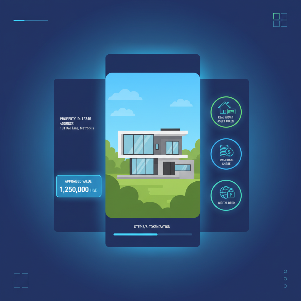 sleek appraisal interface showing real estate property with value metrics and RWA token icons, modern UI glow
