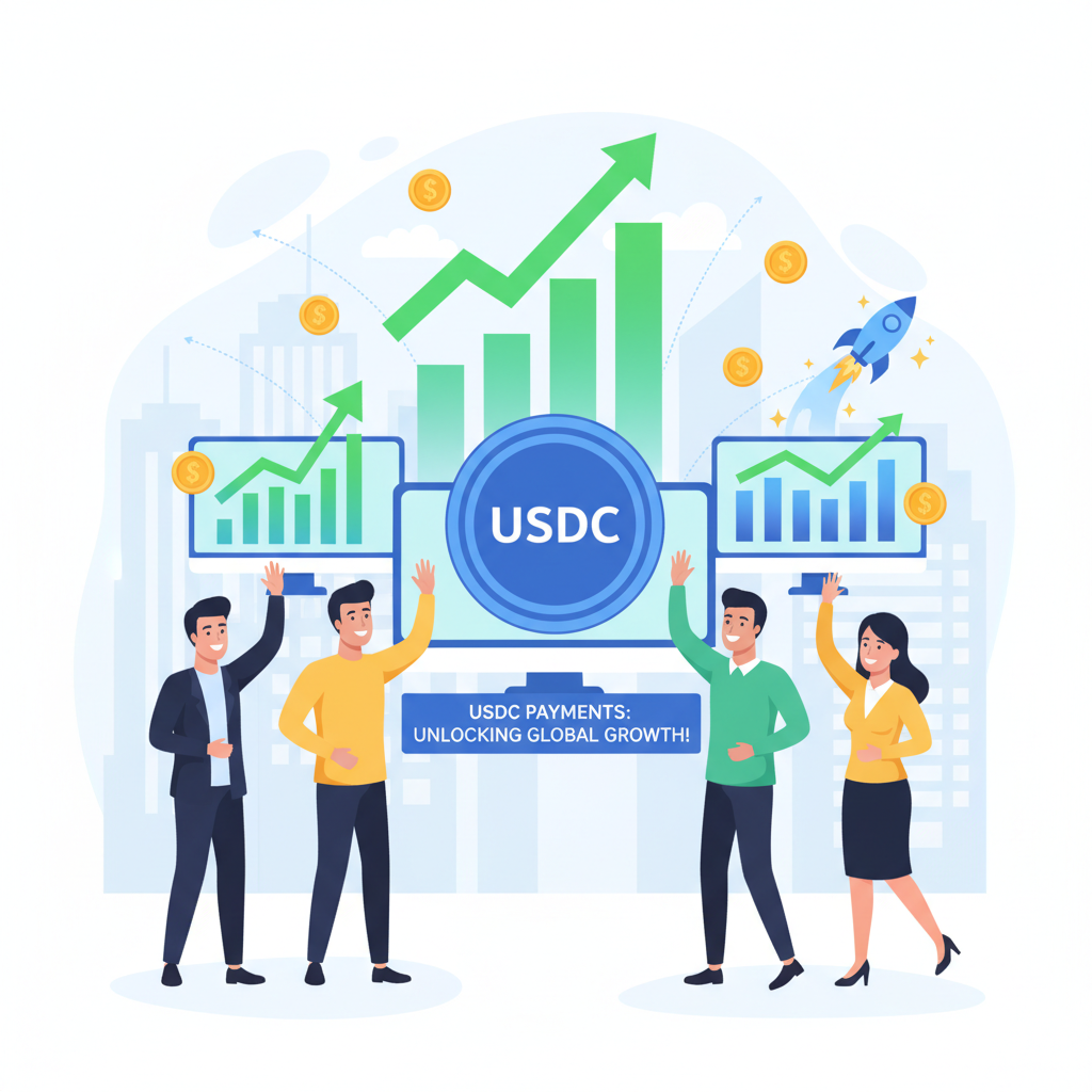 SME team thriving with USDC payments, growth charts skyrocketing, energetic business success scene