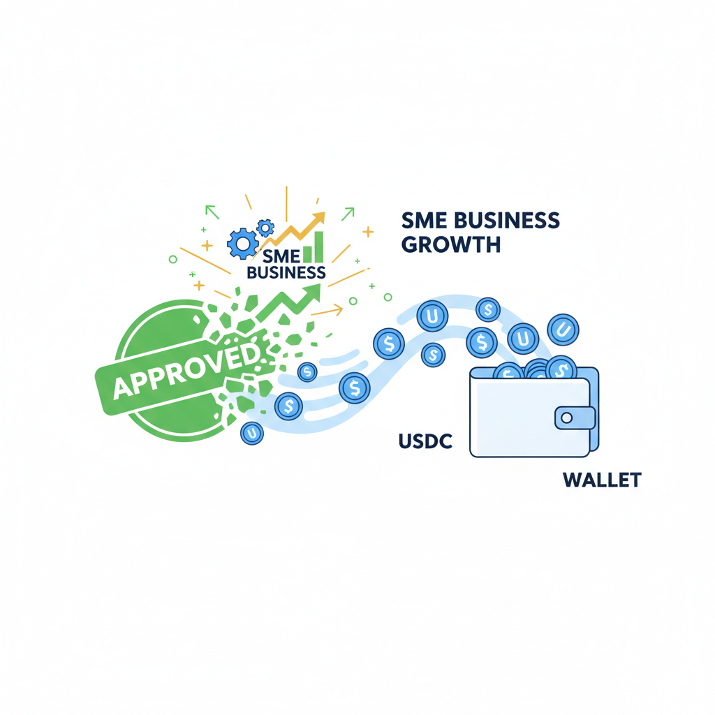 green approval stamp exploding, USDC streaming to wallet, triumphant SME business explosion