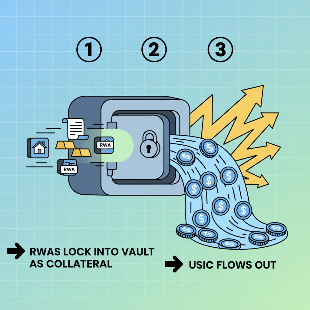RWAs locking into vault as collateral, USDC coins flowing out, bold financial surge visuals