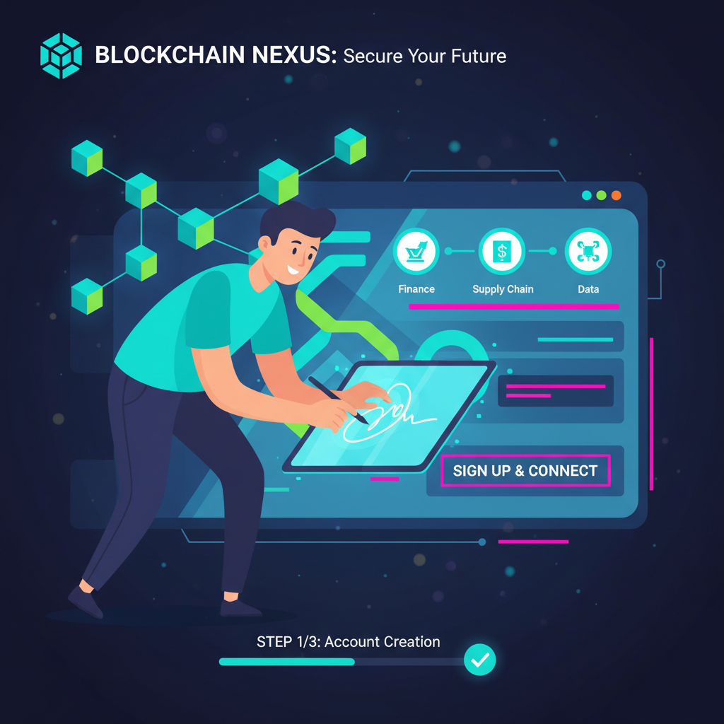 energetic SME owner signing up on futuristic blockchain platform dashboard, vibrant blues and greens, bold neon accents