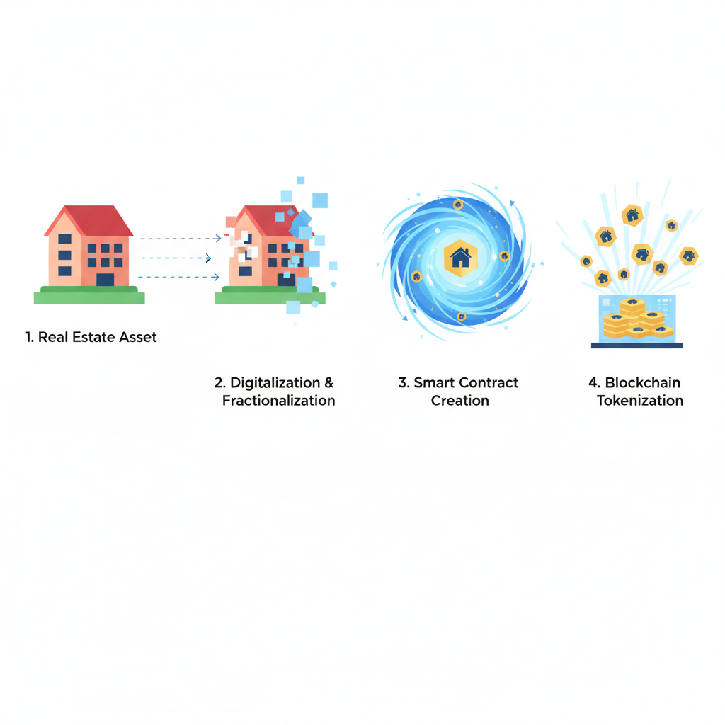 real estate building transforming into glowing blockchain tokens, tokenization process animation, explosive energy