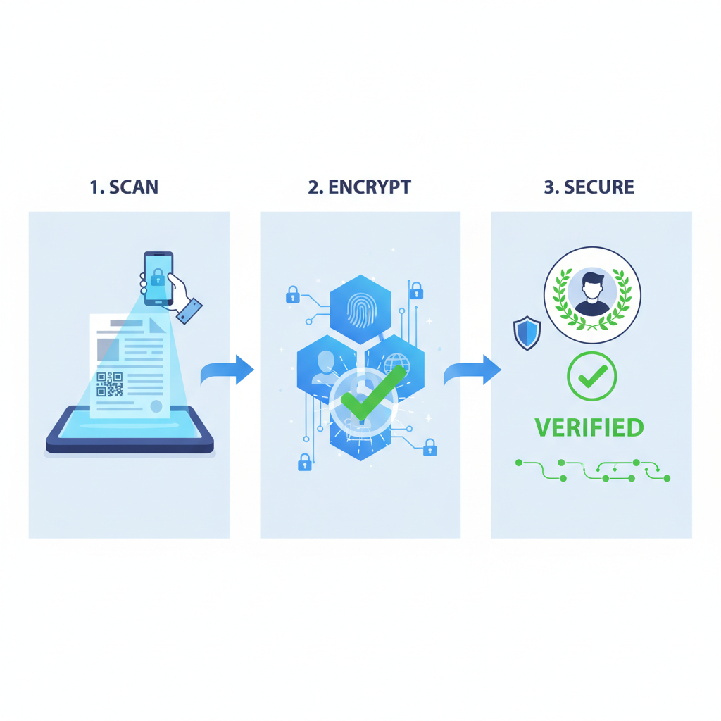 professional verification process with documents scanning into blockchain, secure locks and checkmarks, dynamic energy