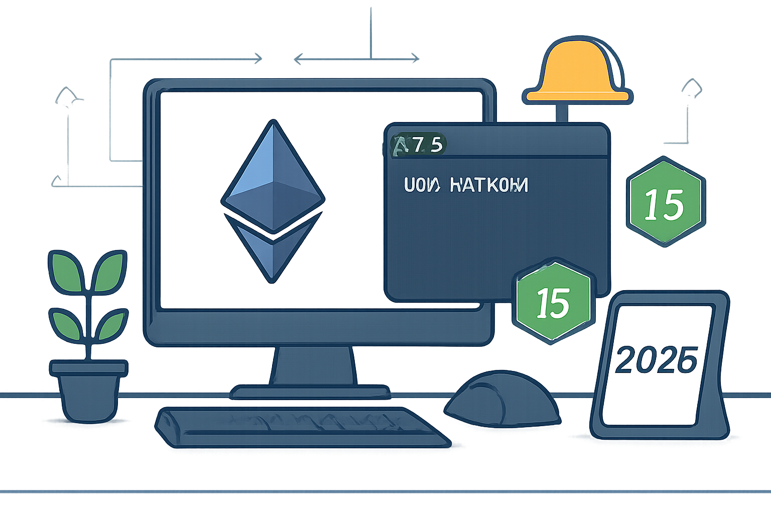 Developer workstation with Ethereum logo, Hardhat terminal, Node.js icons, futuristic 2025 Web3 setup