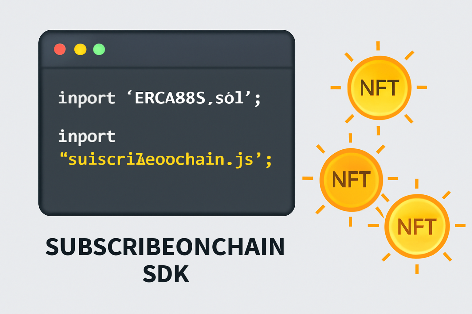 Code editor showing ERC-4885 smart contract import, SubscribeOnChain SDK, NFT subscription tokens glowing