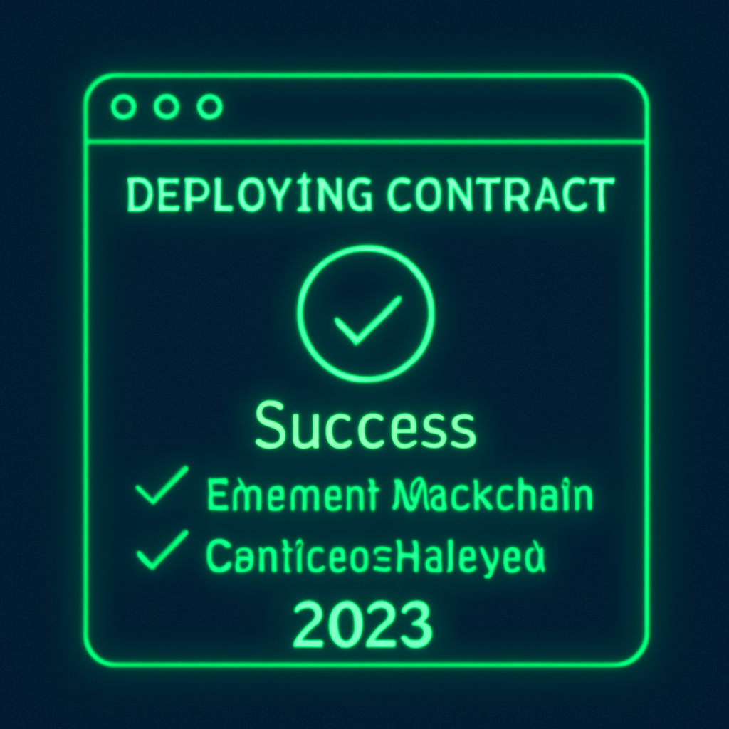 Deployment terminal success screen, Ethereum blockchain deploying contract, green checkmarks, 2025 neon style
