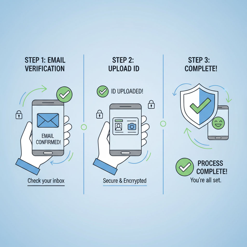 user verifying email on phone or uploading simple ID, checkmark icons, fast secure process illustration