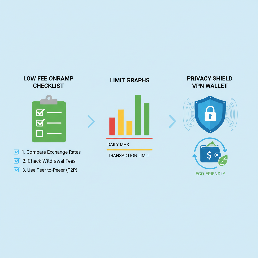 tips icons for privacy shield VPN wallet, limit graphs, checklist for low fee onramp