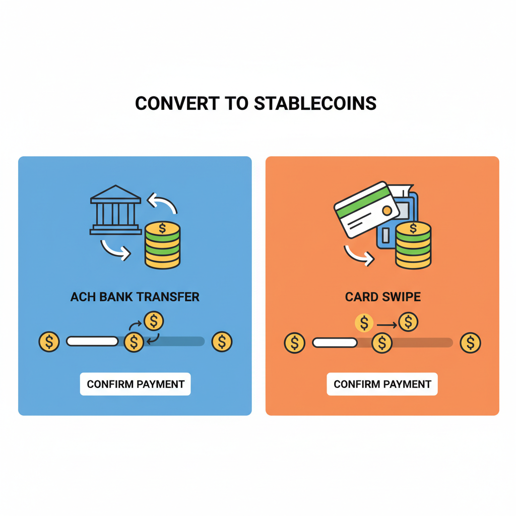 payment processing screen showing ACH bank transfer or card swipe to stablecoins, progress bar, dollar signs converting