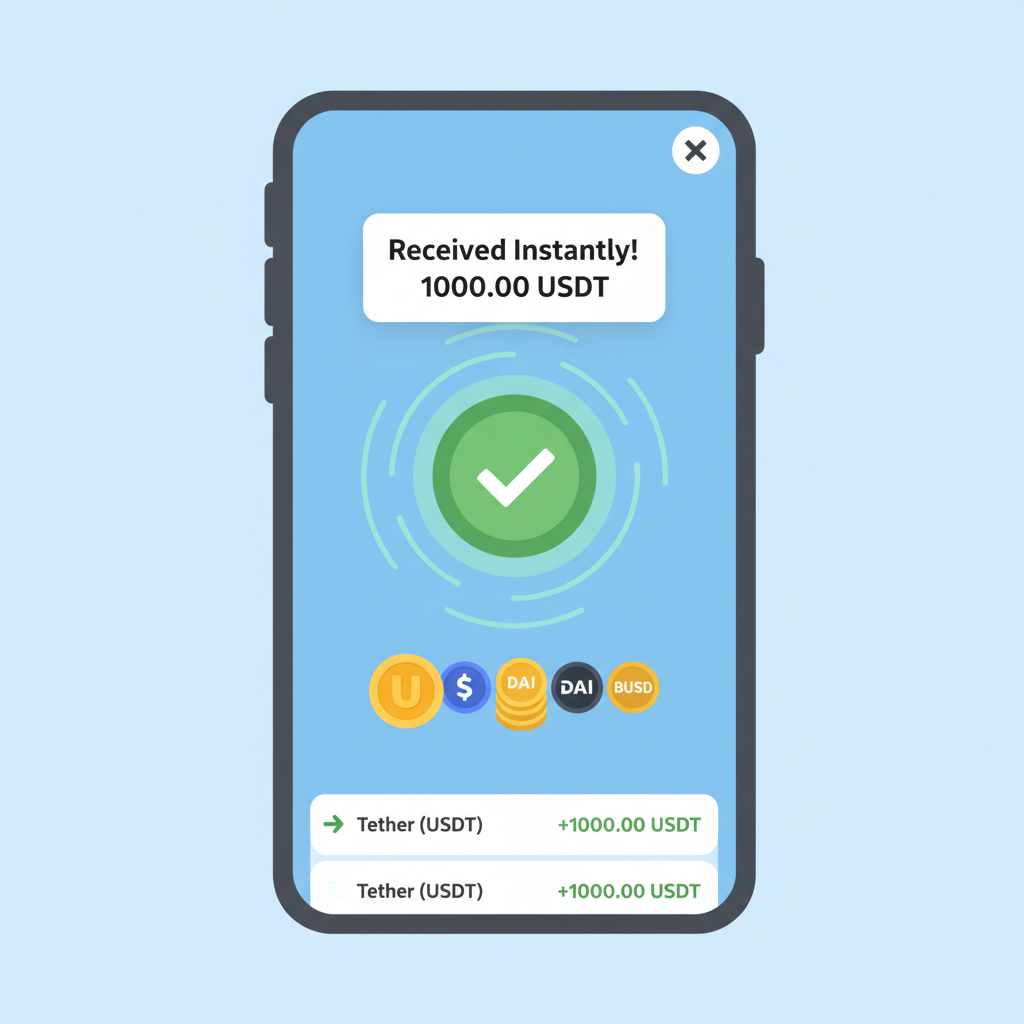 crypto wallet receiving USDT instantly, notification popup, green success animation, stablecoin icons