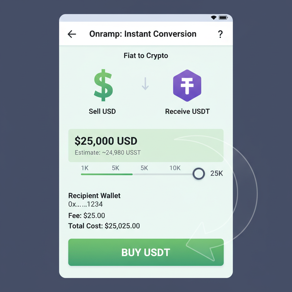 screenshot style of onramp app selecting $25K USDT amount, fiat to crypto conversion screen, vibrant green buy button
