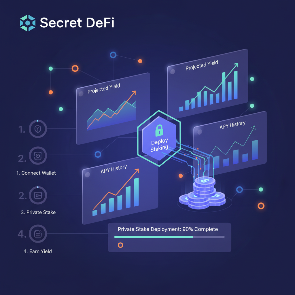 dynamic Secret DeFi dashboard deploying private sATOM stakes, yield charts glowing