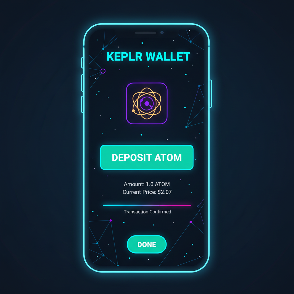 sleek Keplr wallet screen showing ATOM deposit at $2.07, neon cosmos theme