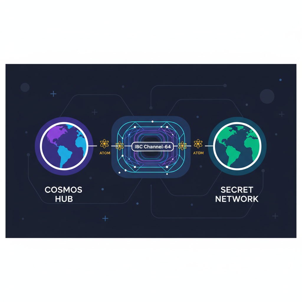 glowing IBC channel-64 bridge transferring ATOM from Cosmos Hub to Secret Network
