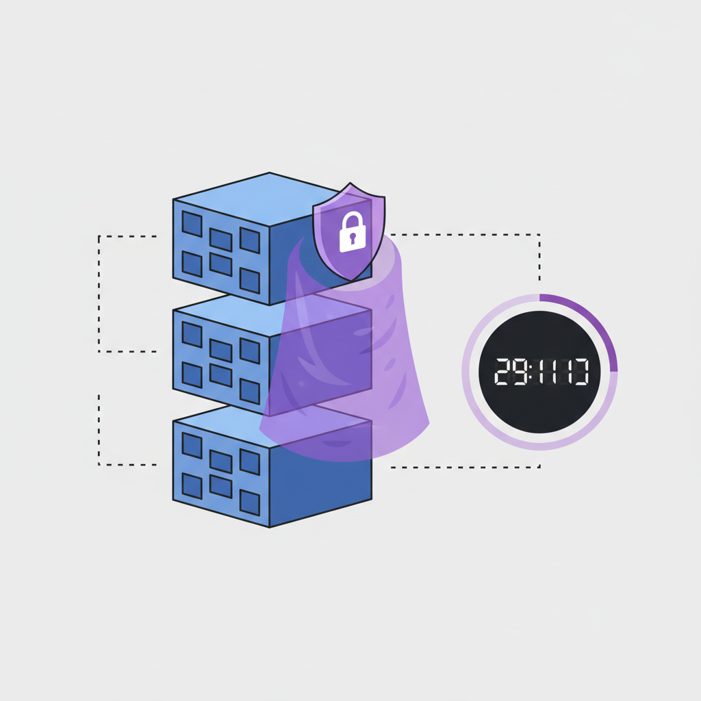 stacked blockchain blocks timer counting 10-20 with privacy cloak activating