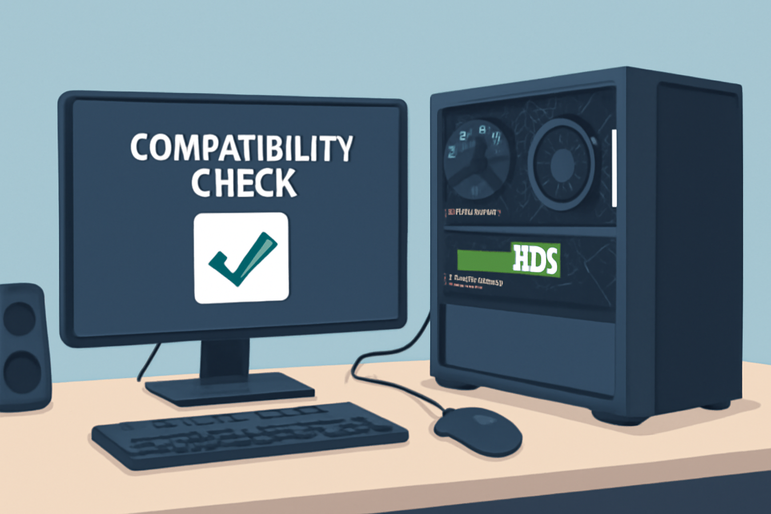 modern gaming PC with NVIDIA RTX GPU highlighted, compatibility check screen, tech setup, realistic