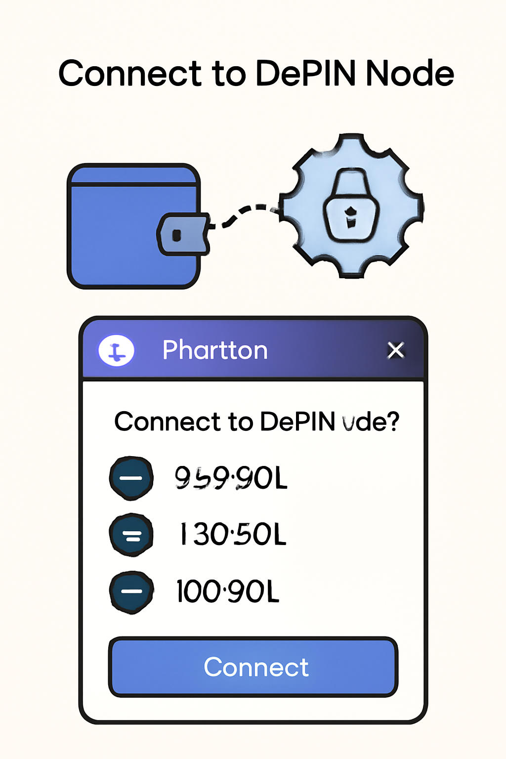 crypto wallet interface connecting to DePIN node, Phantom or MetaMask screen, Solana tokens visible, secure setup
