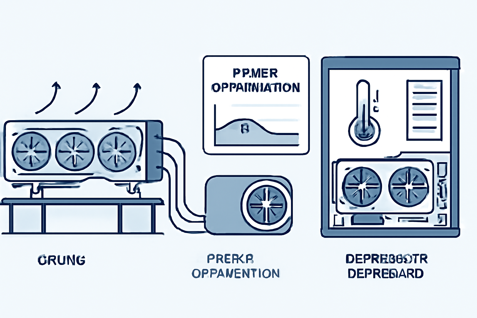 GPU rig with cooling fans, power optimization graph, temperature dashboard, high-tech PC interior