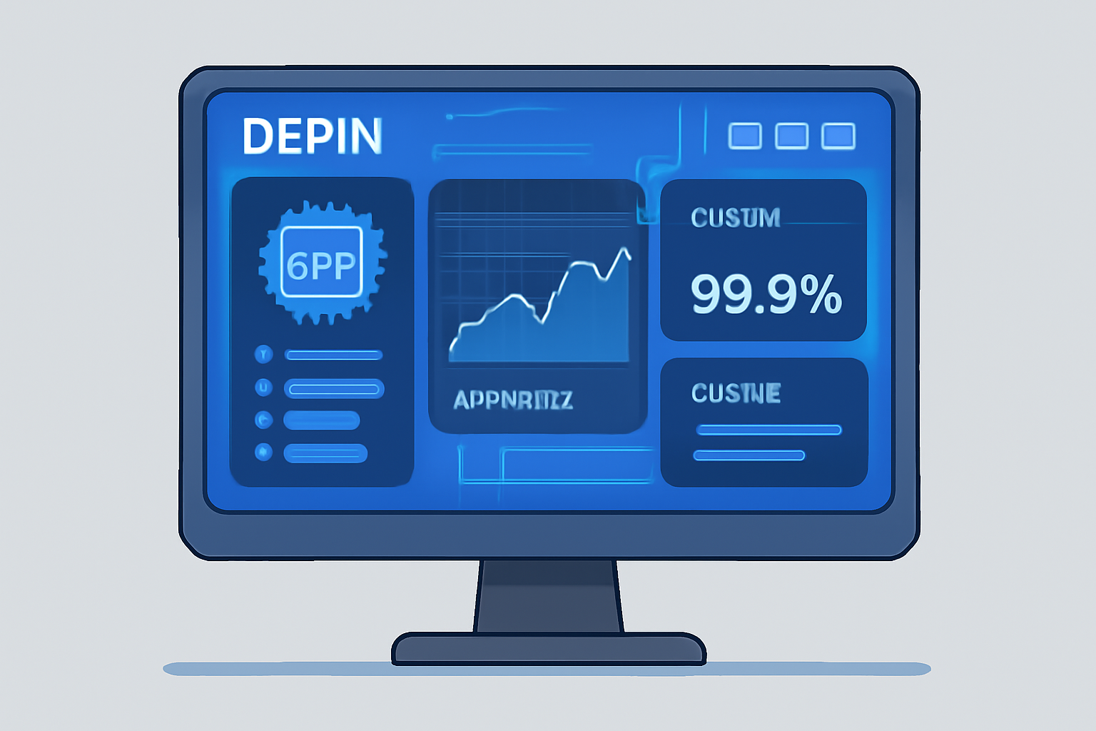DePIN dashboard on monitor showing GPU metrics, earnings graph, uptime stats, futuristic interface