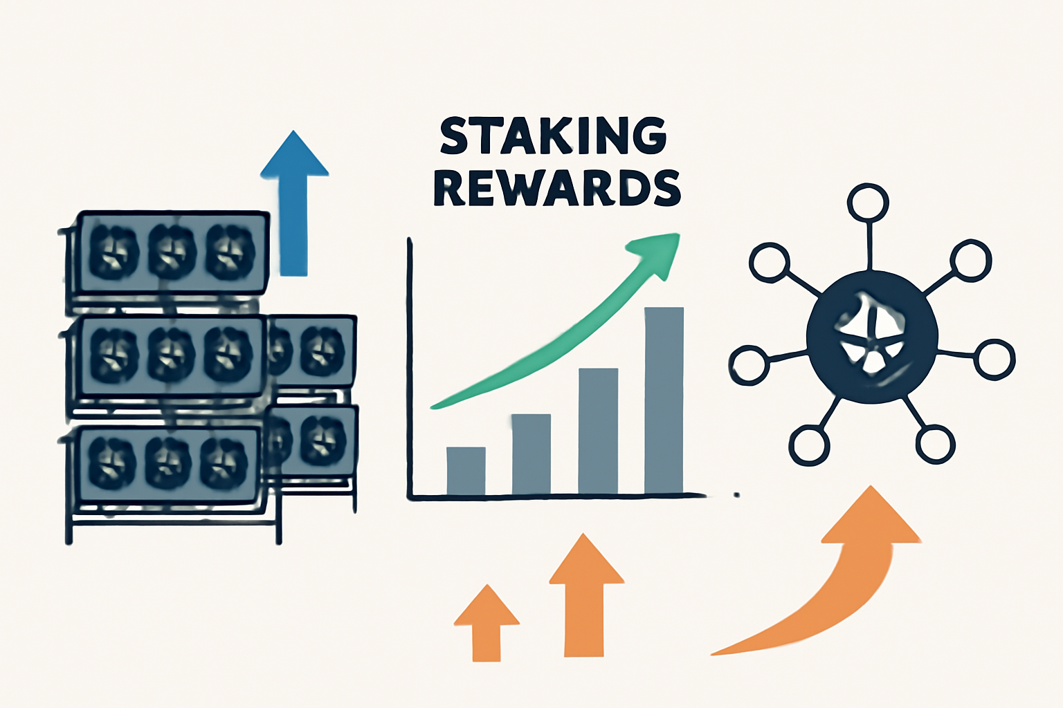 scaling GPU farm with multiple rigs, staking rewards chart, growth arrows, decentralized network visualization