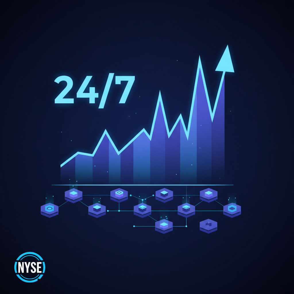 futuristic 24/7 stock chart spiking on blockchain network with NYSE logo