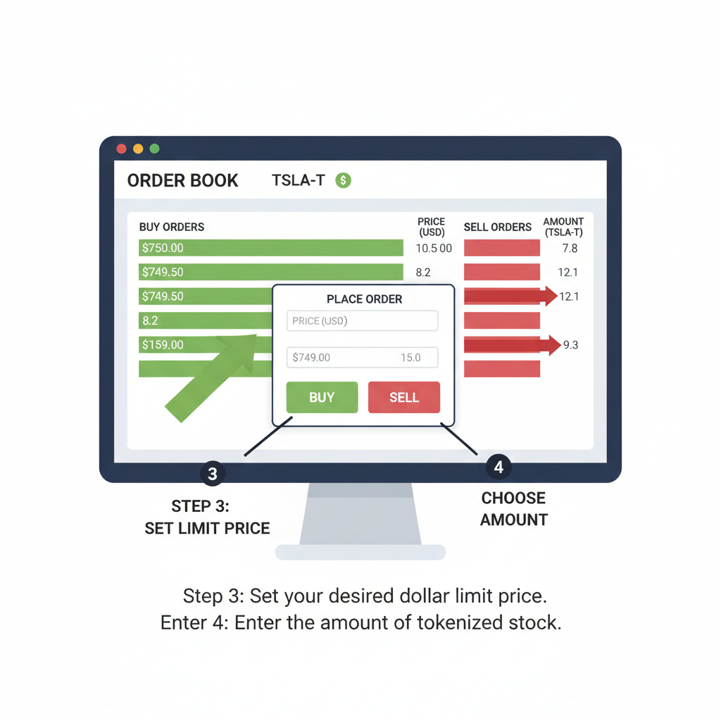 trading interface showing dollar limit orders on tokenized stock order book