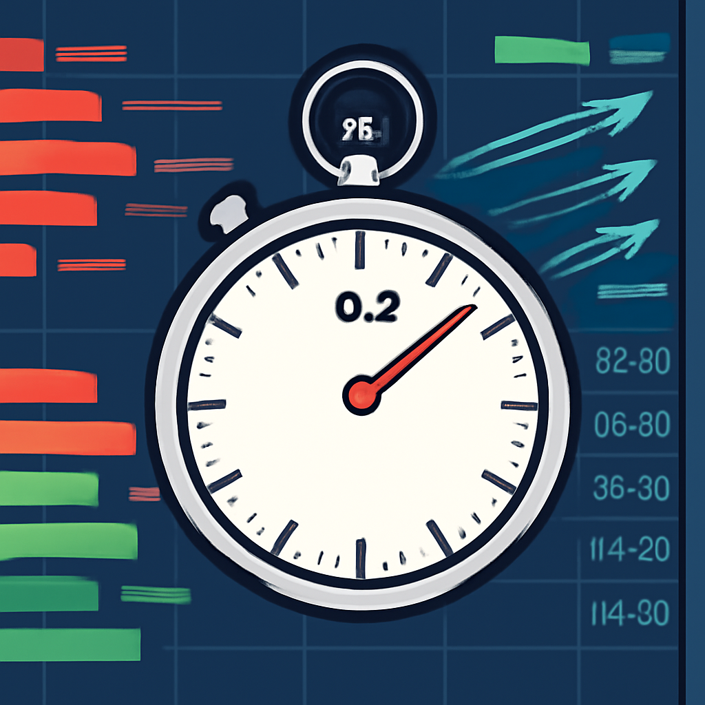 A stopwatch showing 0.2 seconds, overlaid on a digital trading interface with fast-moving order lines.