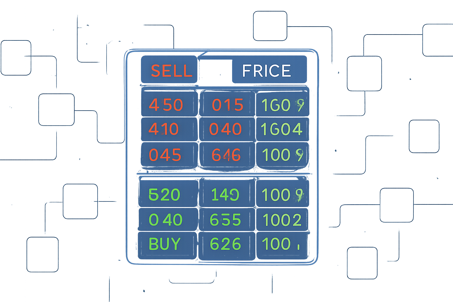 A transparent digital order book with buy and sell orders matched in real-time on a blockchain background.
