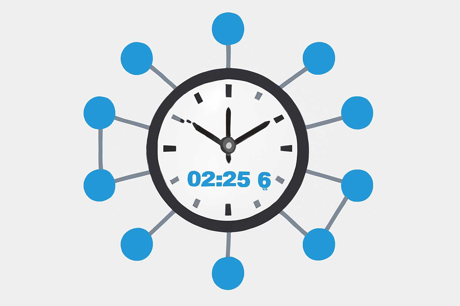 A futuristic clock with digital nodes surrounding it, highlighting sub-second timing and consensus.