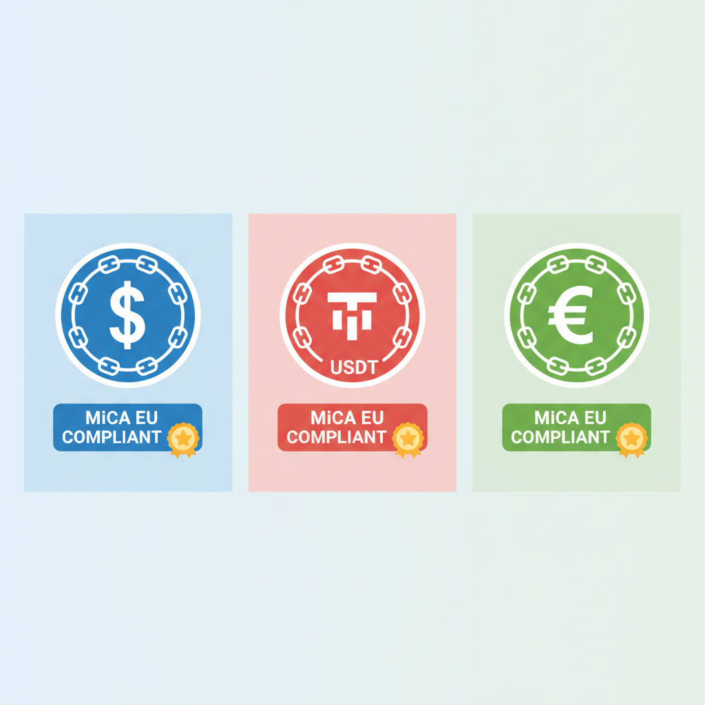 professional icons of USDC USDT EURC stablecoins with MiCA EU compliance badge and blockchain network