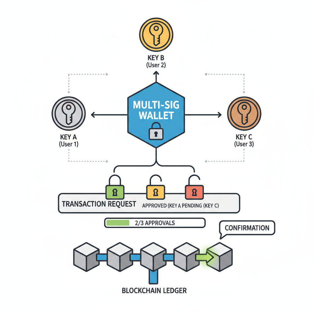 secure multi-signature wallet interface diagram with multiple keys and approval locks on blockchain