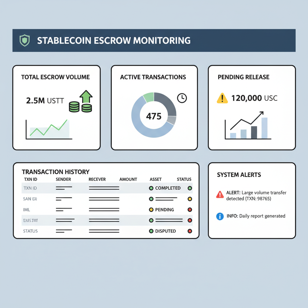 professional dashboard monitoring stablecoin escrow transactions charts and alerts