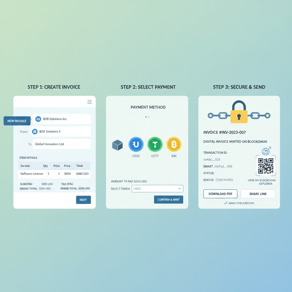 professional digital invoice creation on blockchain platform, B2B invoicing interface, stablecoin icons, modern UI