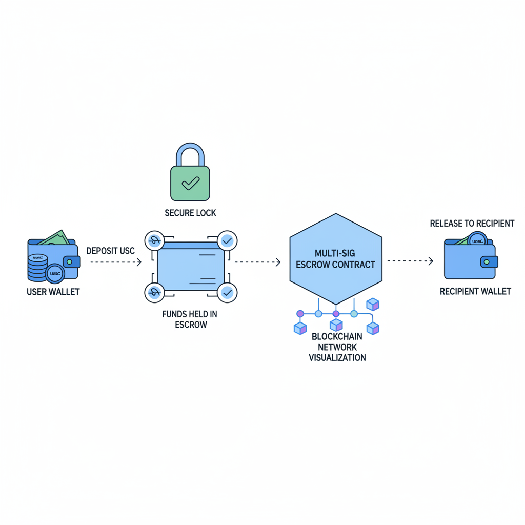 multi-sig wallet escrow depositing USDC stablecoins, secure lock icon, blockchain network visualization