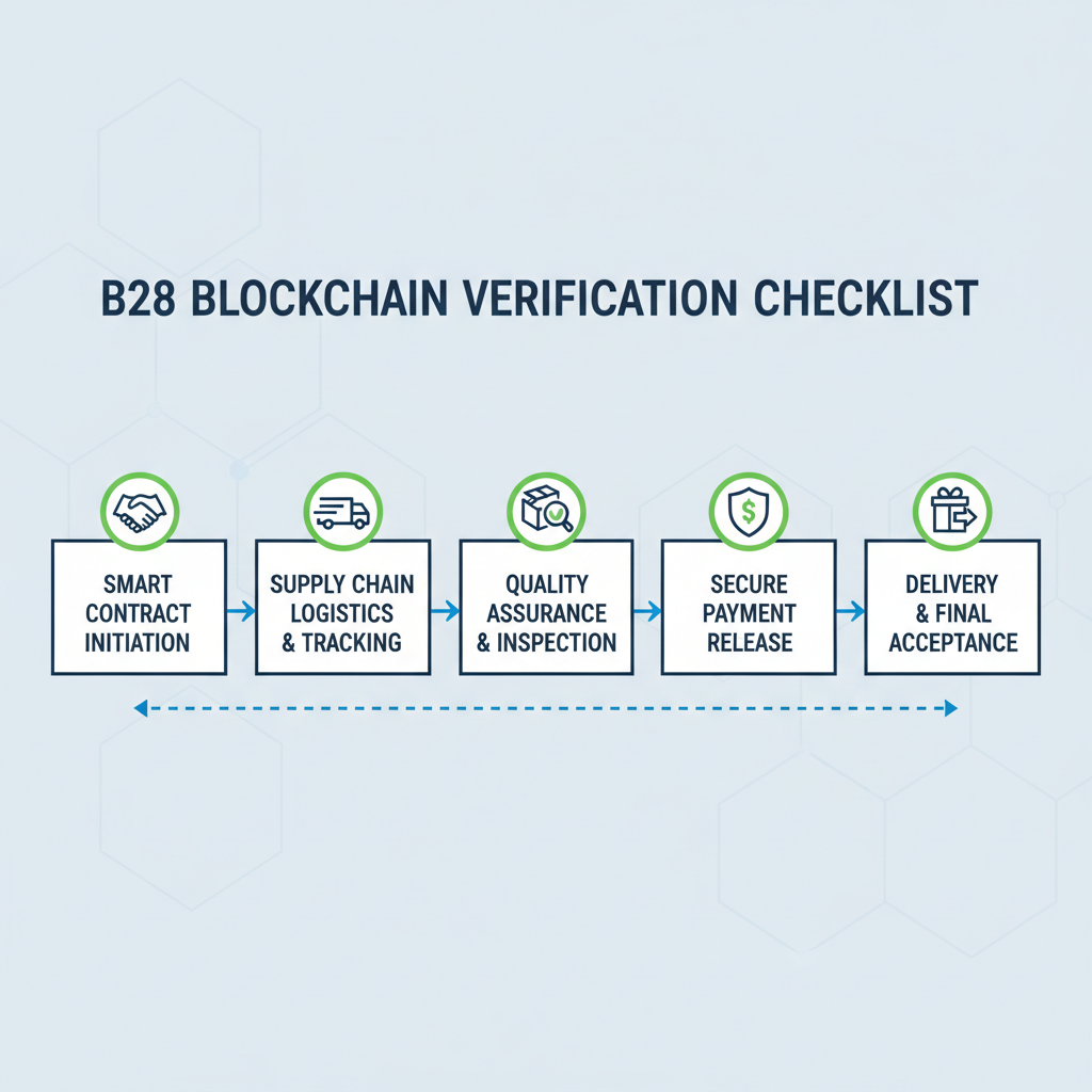 blockchain milestone verification checklist, checkmarks on delivery stages, B2B transaction flow