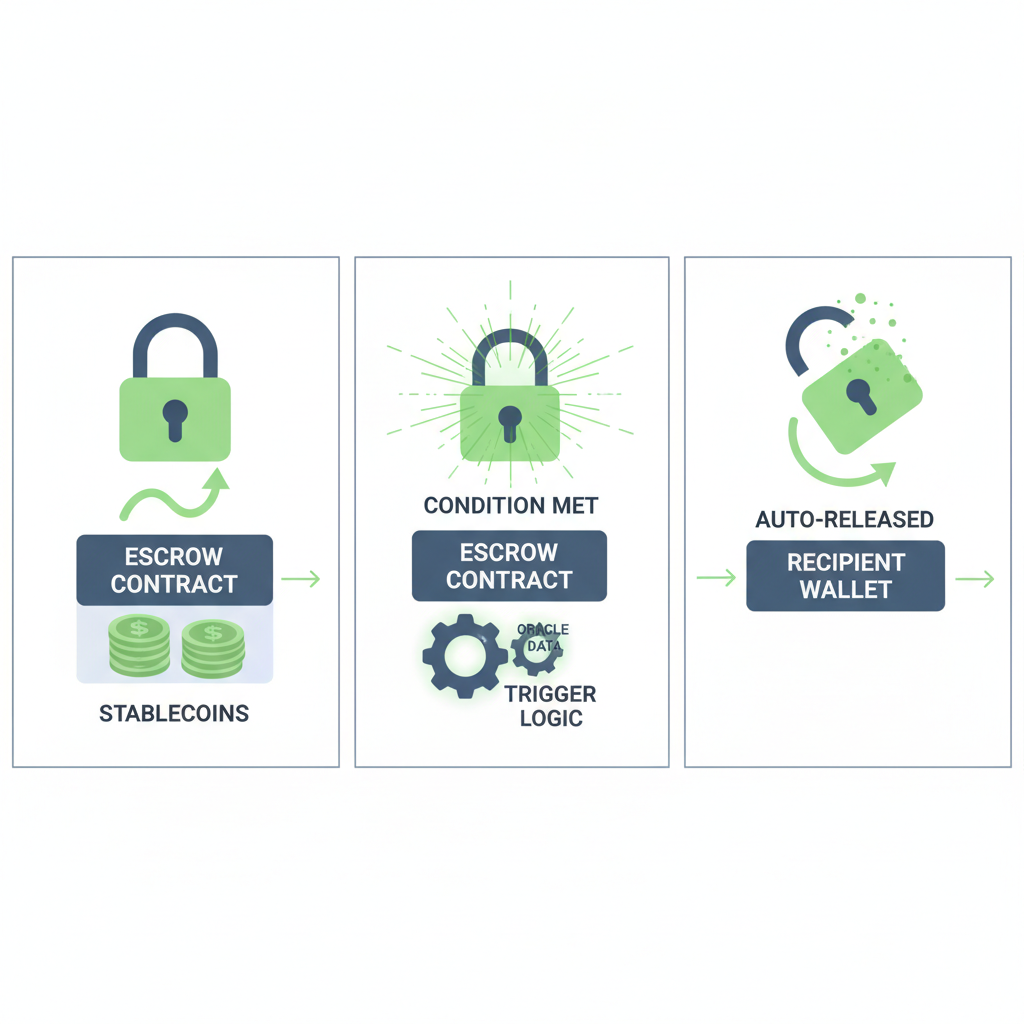 smart contract auto-releasing stablecoins from escrow, green unlock animation, condition triggers