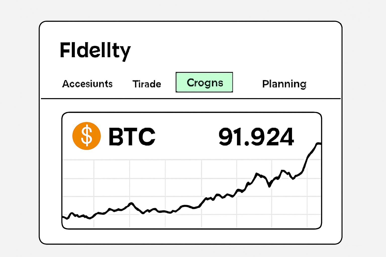 Fidelity dashboard highlighting Crypto tab, BTC price chart at $91,924, modern UI