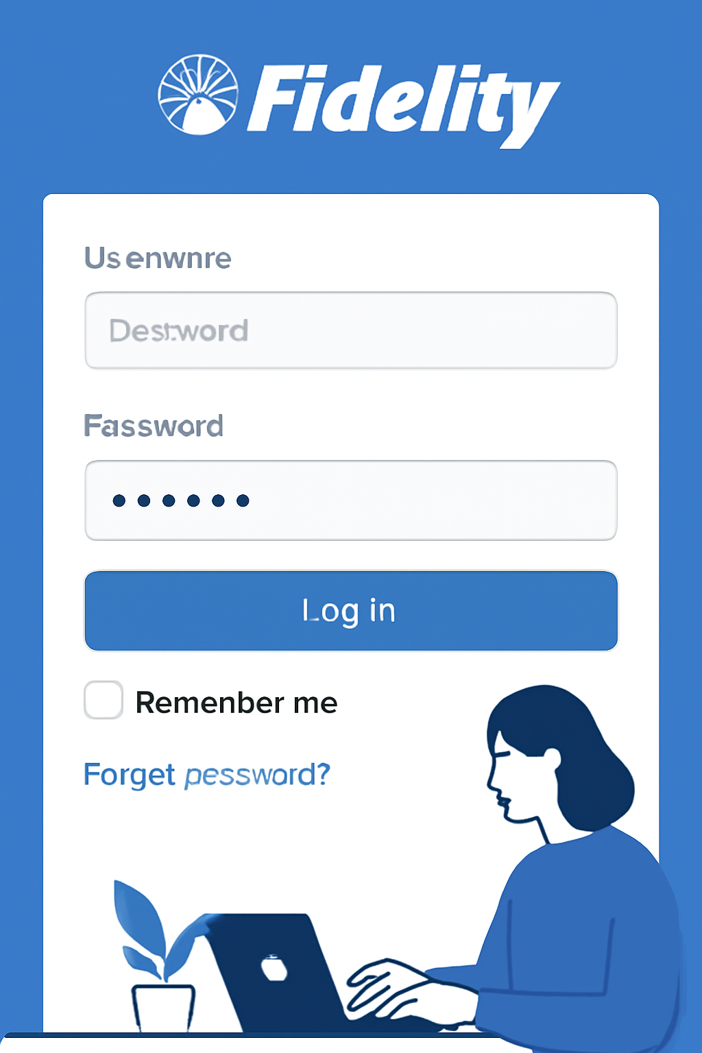 clean screenshot of Fidelity login page on mobile app, professional blue theme, beginner friendly