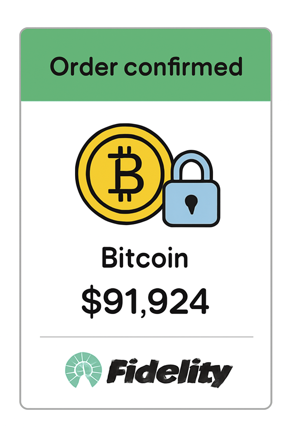 Fidelity order confirmation screen for BTC DCA, summary with price $91,924, secure lock icon